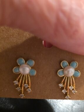 Gold Floral Blue Enamel & Pearl Drop Earrings